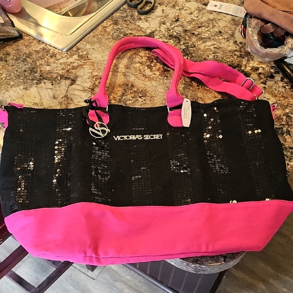 Victoria's Secret Handbags - Victoria's Secret Black Sequin Tote with Hot Pink Trim